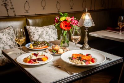 Biff's Easter promotion with full table set with many dishes and flowers