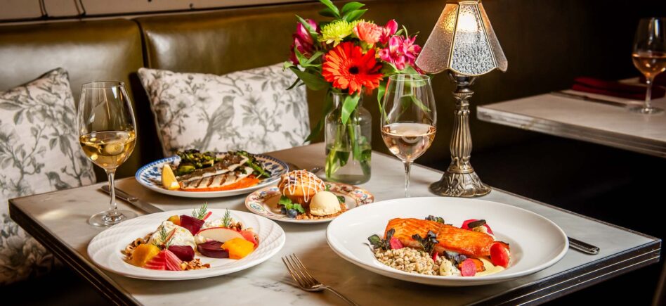 Biff's Easter promotion with full table set with many dishes and flowers