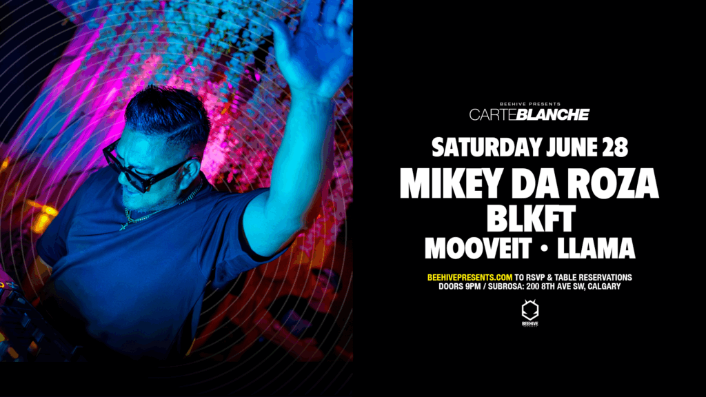 DJ mixing with his hand in the air on the left side of the image. The left side of the image displays the set bill.
