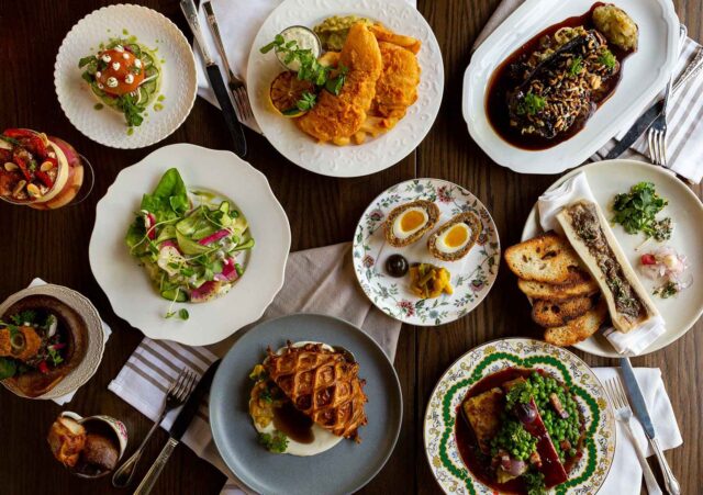 Overhead flatlay of a variety of dishes from The Rabbit Hole in Toronto