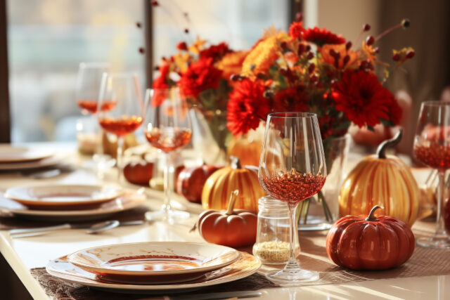 Autumn table setting with pumpkins and flowers for celebration Thanksgiving.