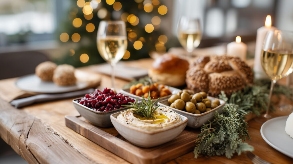 dips, olives and rolls beautifully plated in a thanksgiving holiday table spread.
