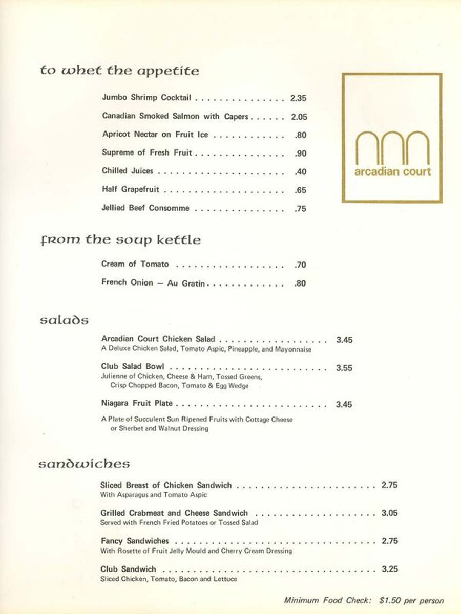 an old menu for the Arcadian from 1968