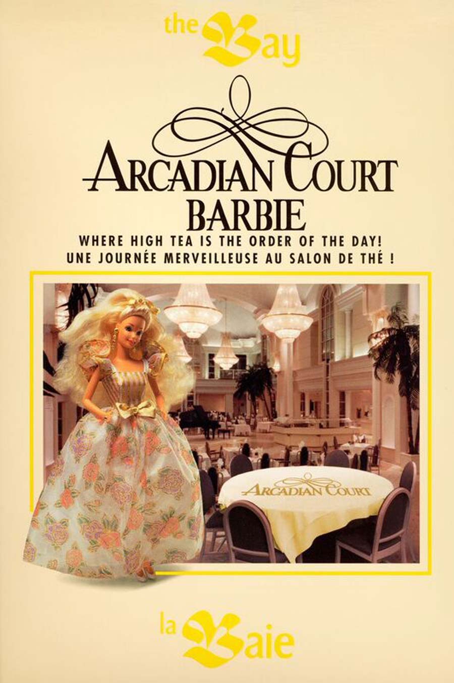 an old poster advertisement for the Arcadian Court Barbie with the real Barbie doll and a photo of the interior venue