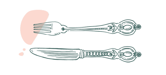 a line drawing of an antique fork and knife