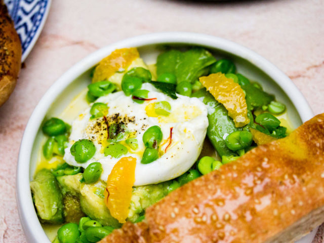 creamed burrata, avocado, honey, saffron dressing, simit